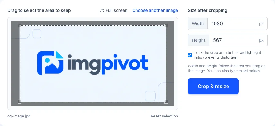 The crop and resize tool on ImgPivot with an image loaded